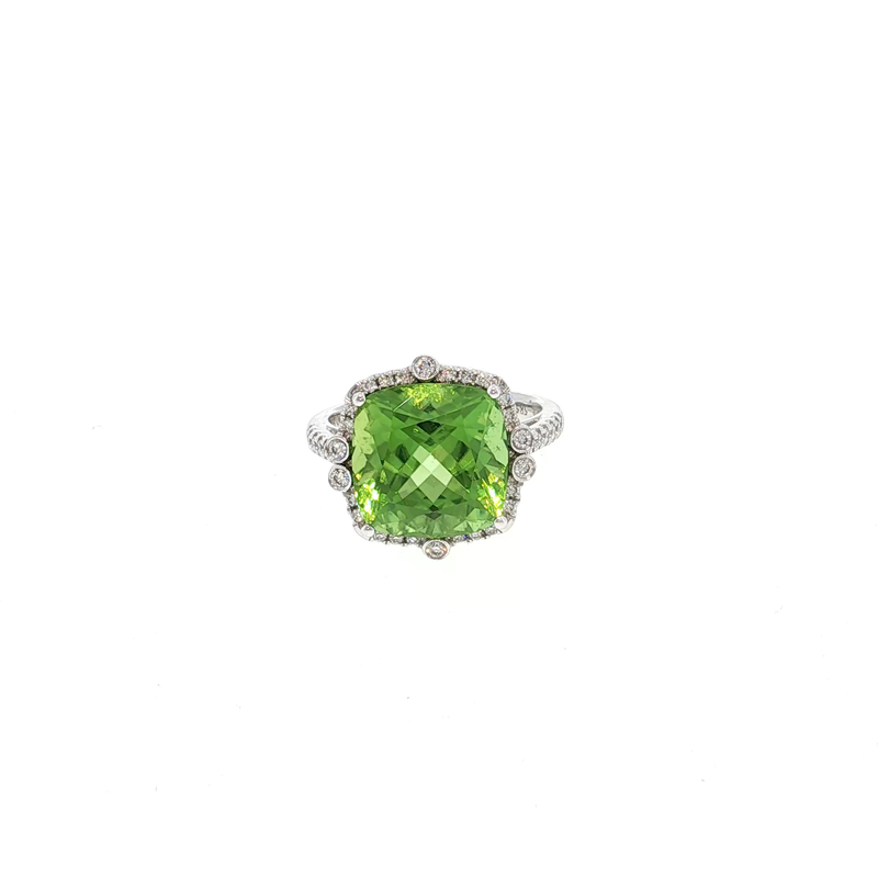 White Gold Plated Silver Cocktail Ring with Cushion Cut Peridot