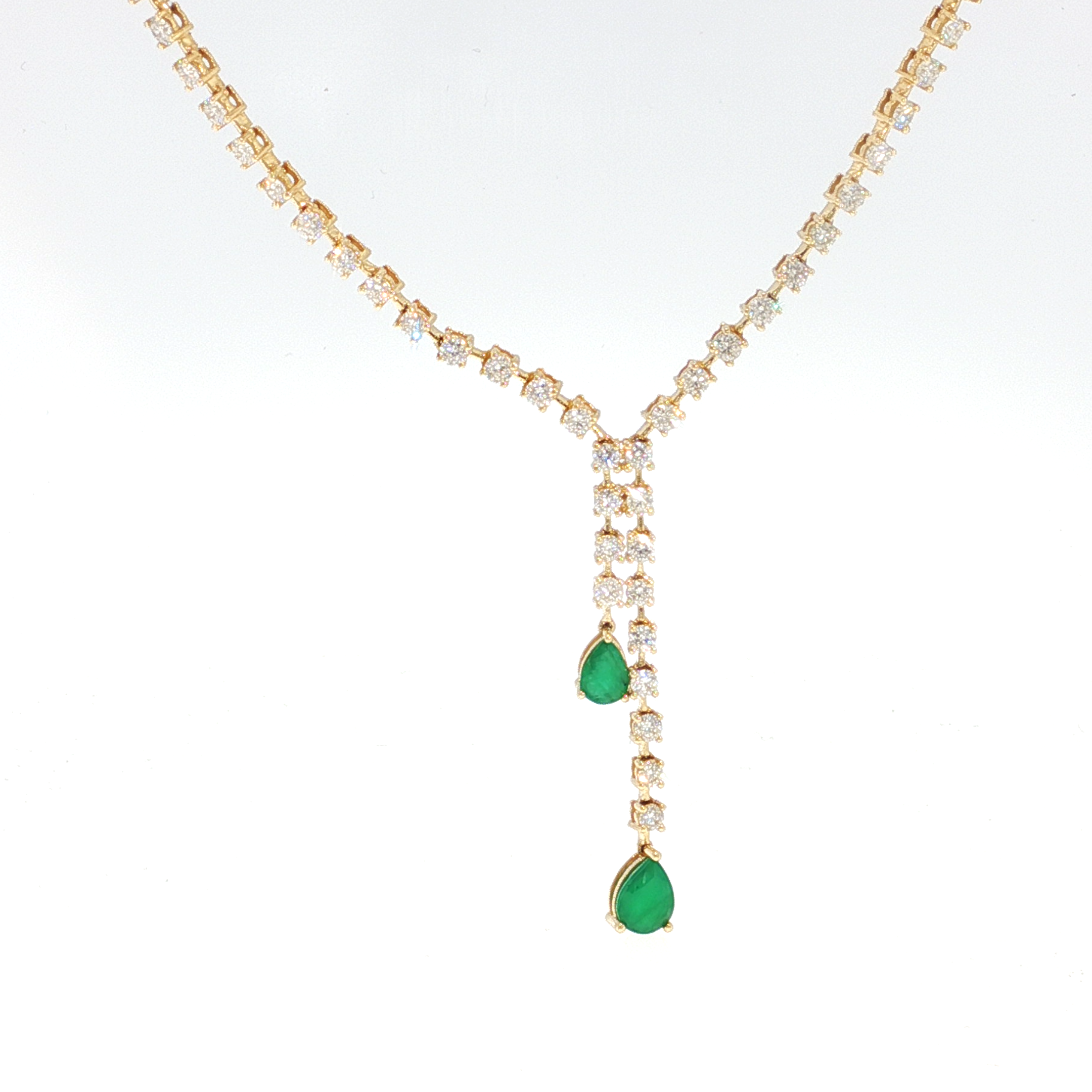 Yellow Gold Diamond Necklace with Pear-Shaped Emerald Drops