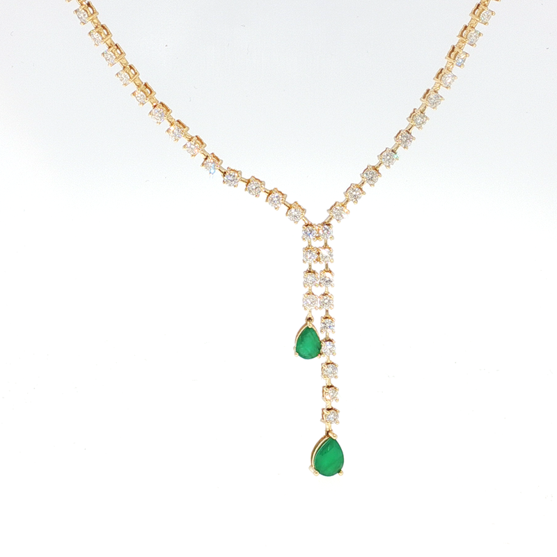Yellow Gold Diamond Necklace with Pear-Shaped Emerald Drops