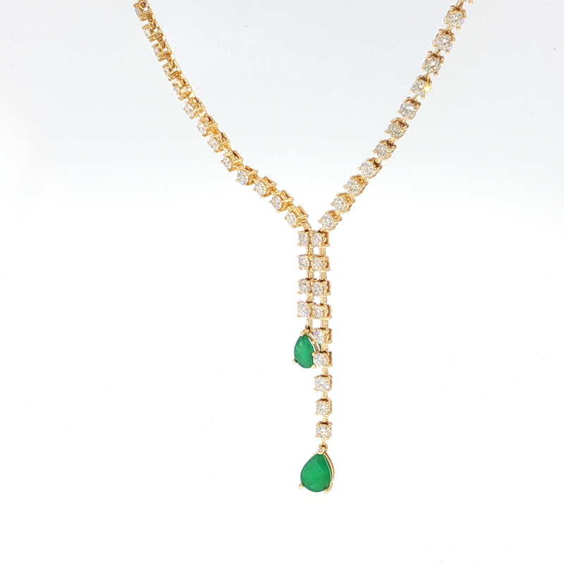 Yellow Gold Diamond Necklace with Pear-Shaped Emerald Drops