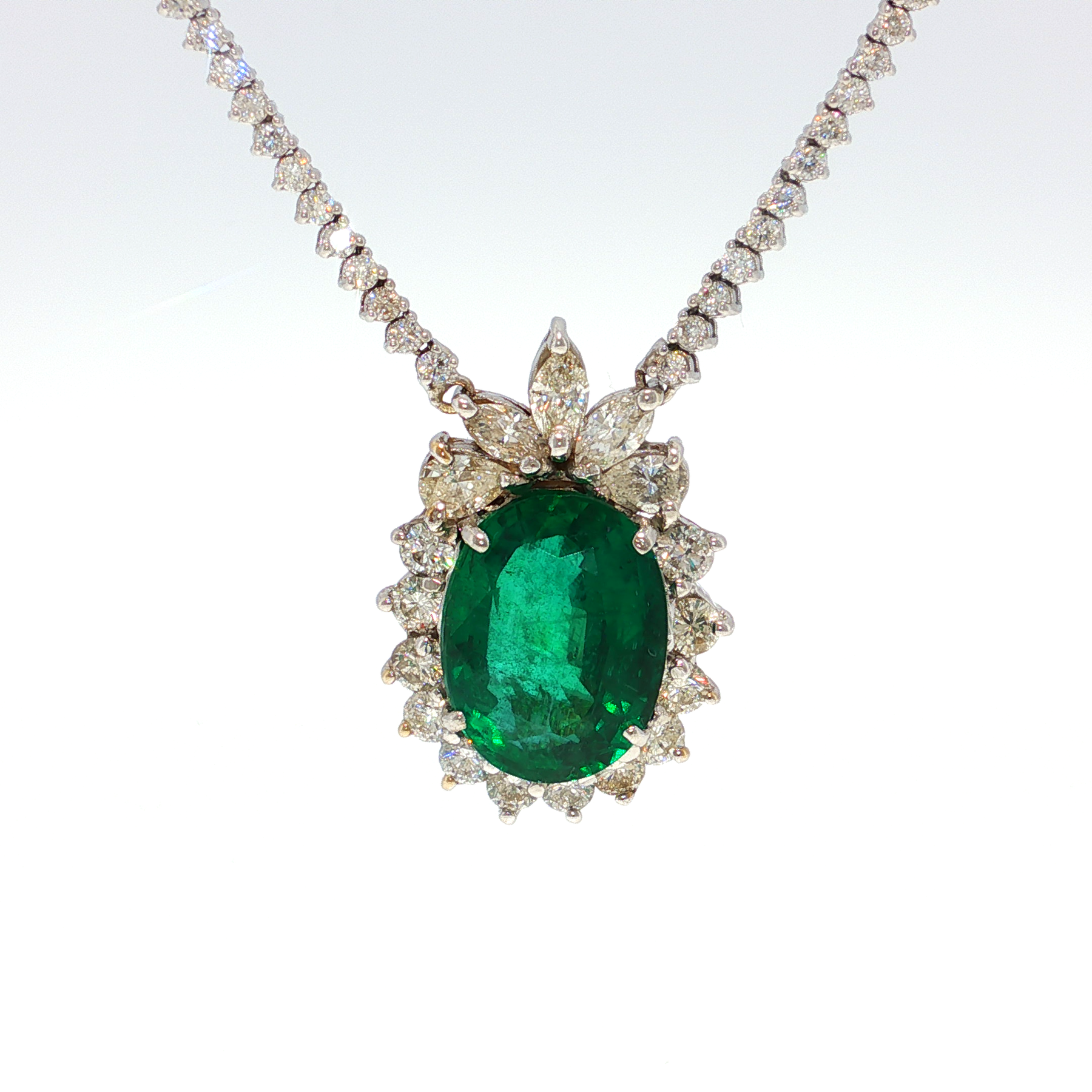 White Gold Charm Necklace with Oval Emerald Cabochon