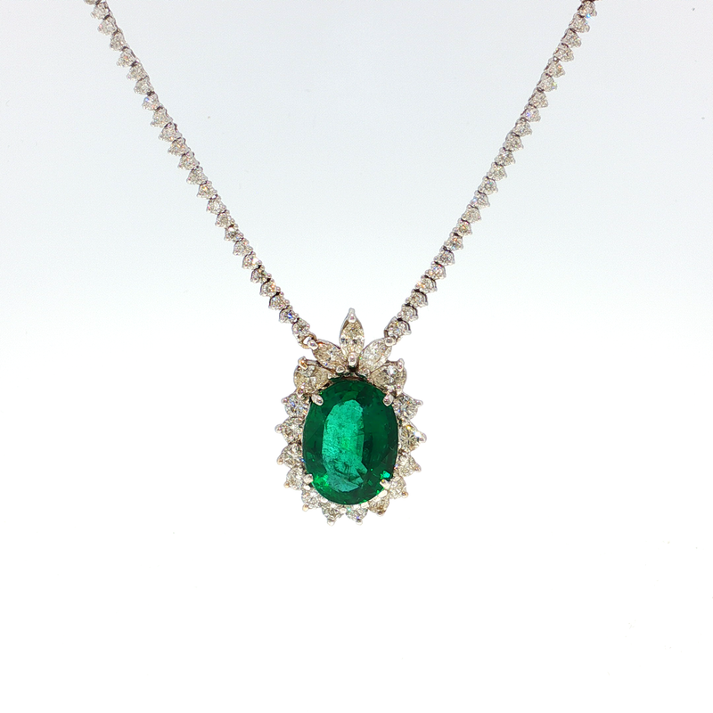 White Gold Charm Necklace with Oval Emerald Cabochon