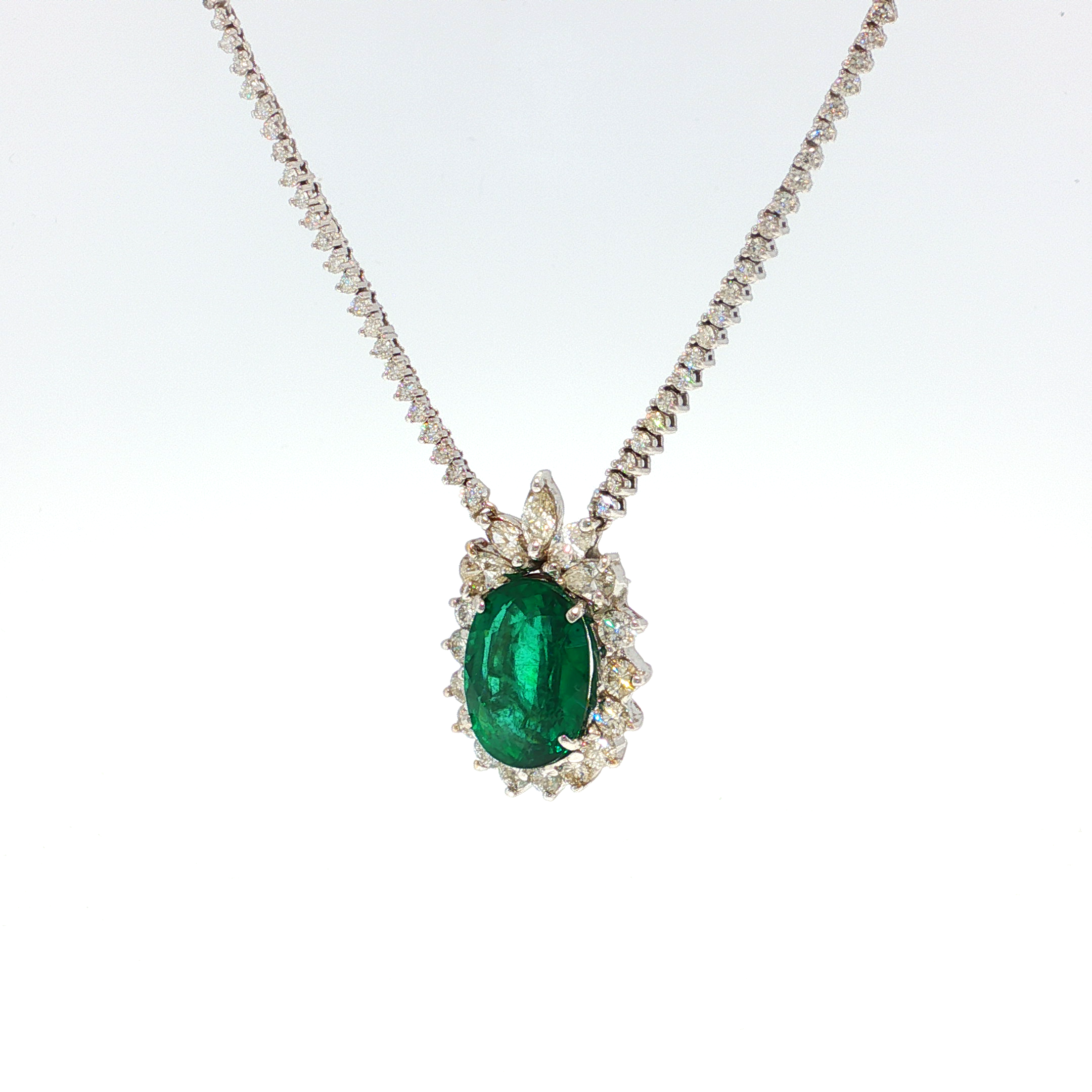 White Gold Charm Necklace with Oval Emerald Cabochon