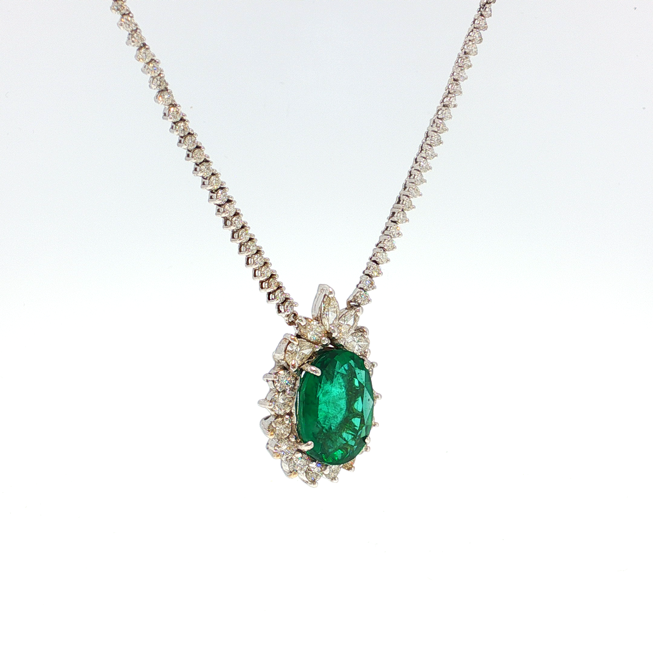 White Gold Charm Necklace with Oval Emerald Cabochon