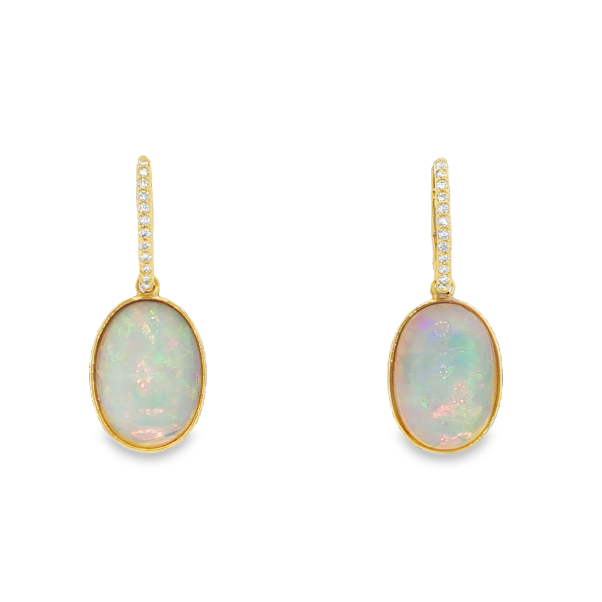 Yellow Gold Dangle Earrings with Oval Opal Cabochons