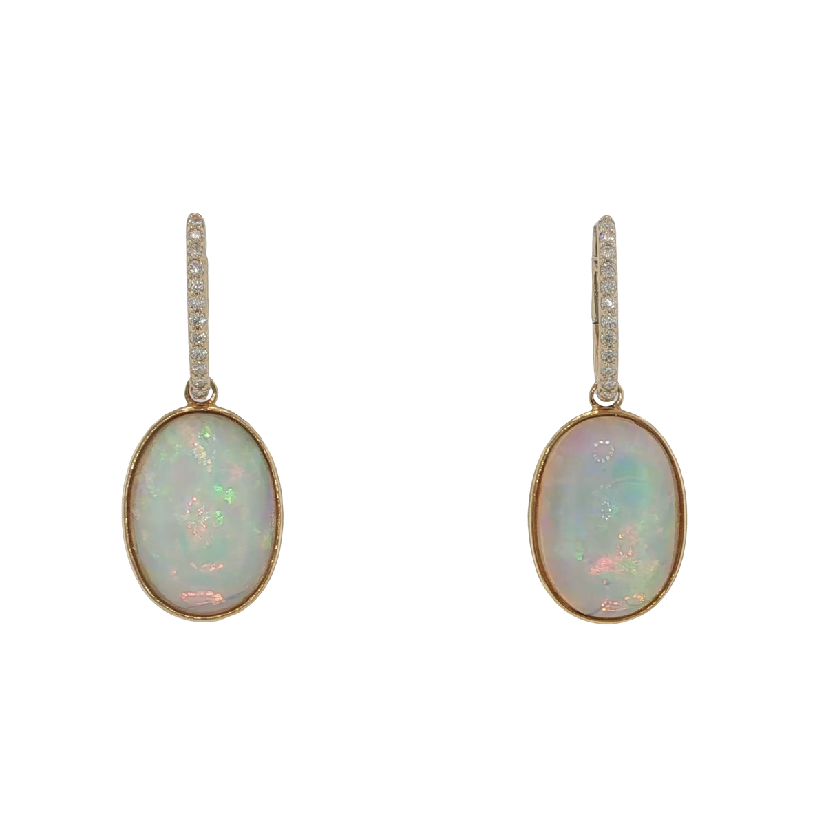 Yellow Gold Dangle Earrings with Oval Opal Cabochons