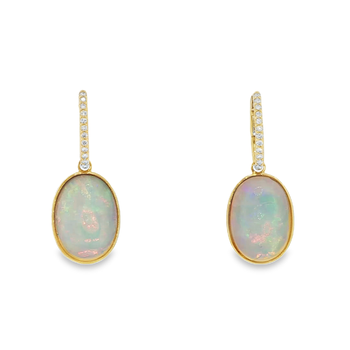 Yellow Gold Dangle Earrings with Oval Opal Cabochons
