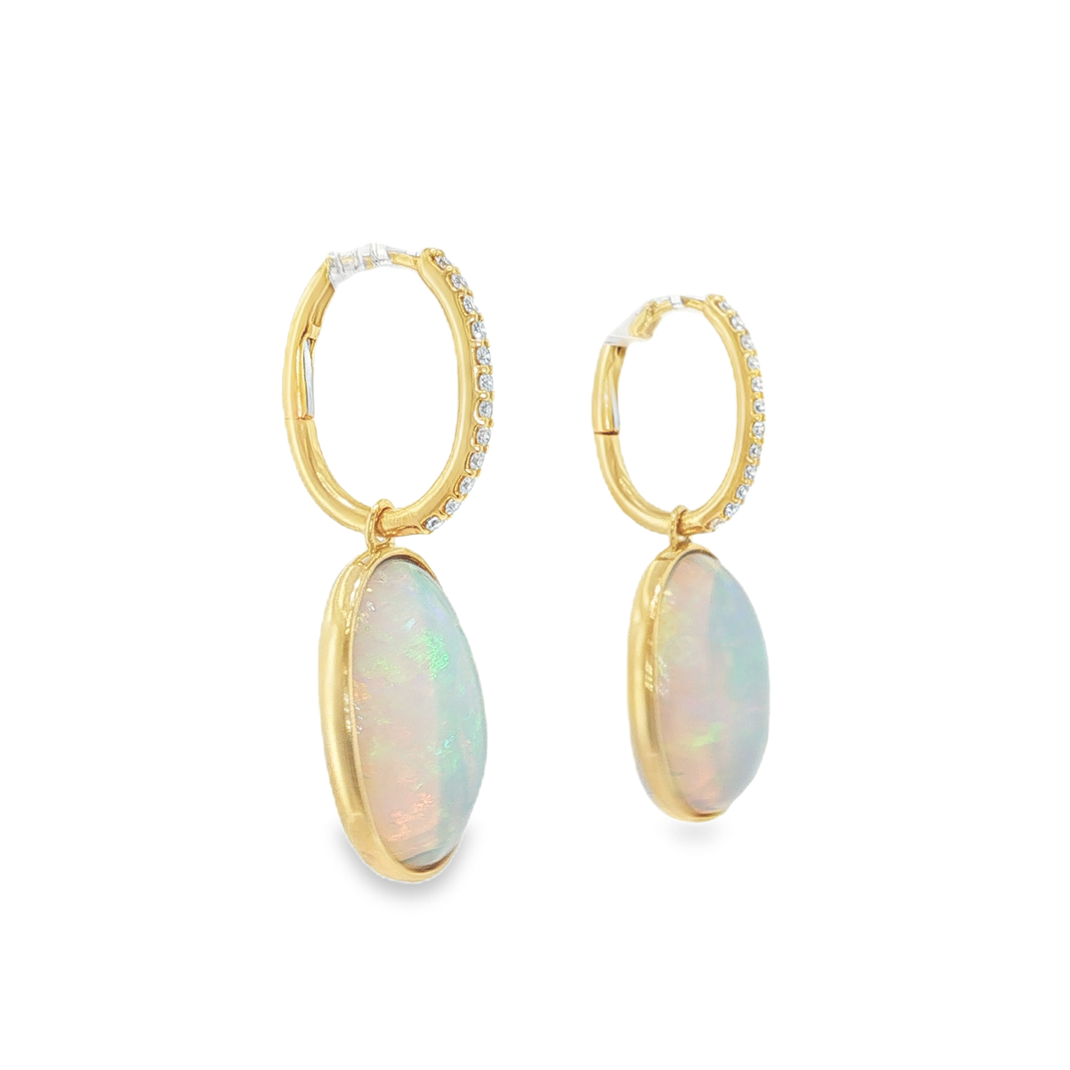 Yellow Gold Dangle Earrings with Oval Opal Cabochons