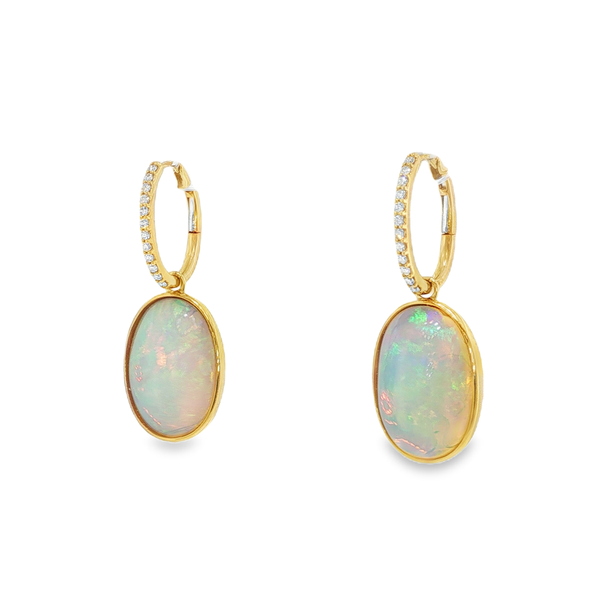 Yellow Gold Dangle Earrings with Oval Opal Cabochons
