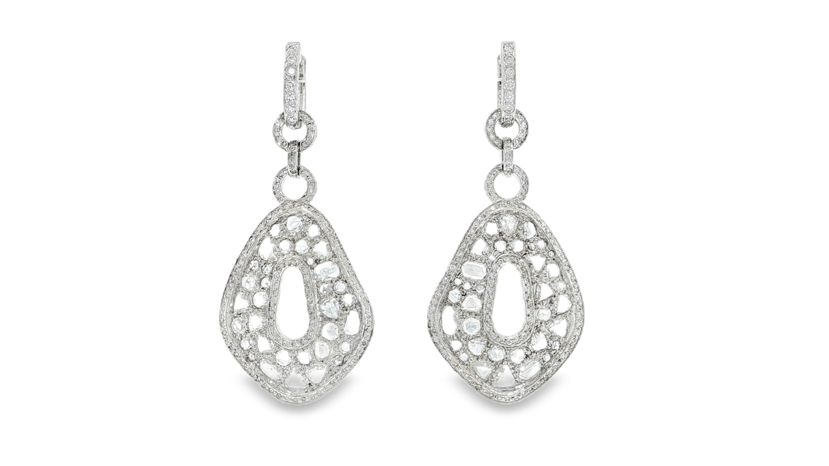Elegant Pear Rose Cut Diamond White Gold Drop Earrings