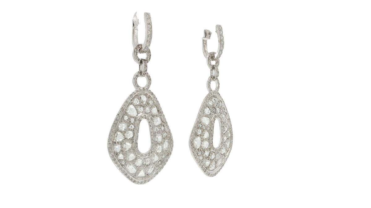 Elegant Pear Rose Cut Diamond White Gold Drop Earrings