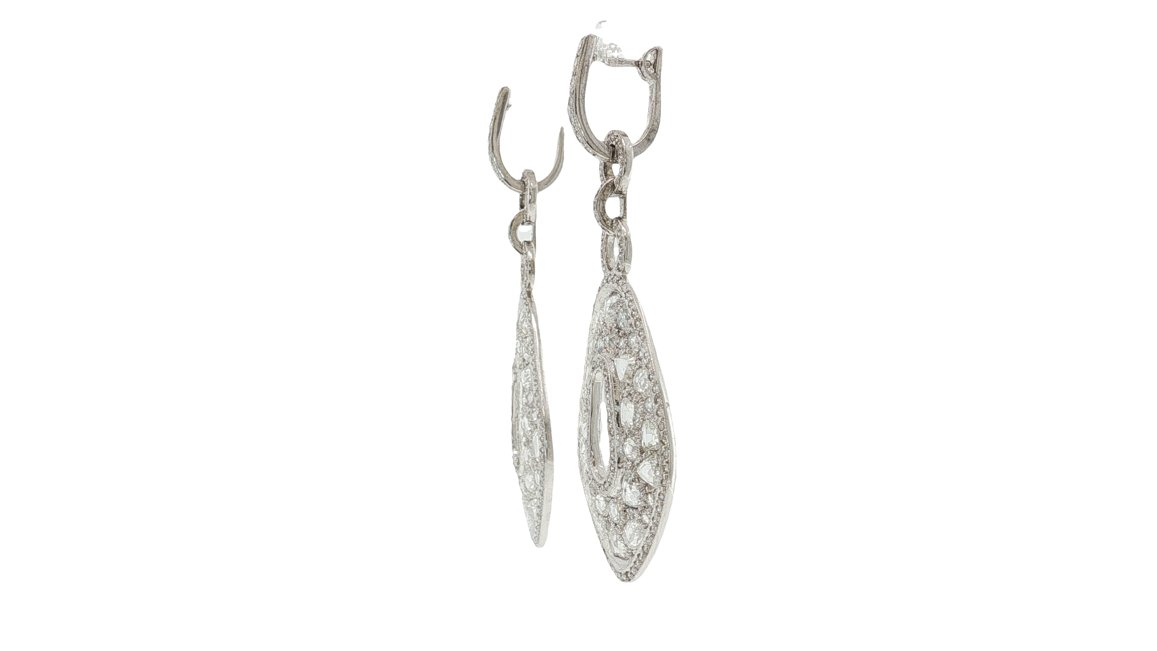 Elegant Pear Rose Cut Diamond White Gold Drop Earrings