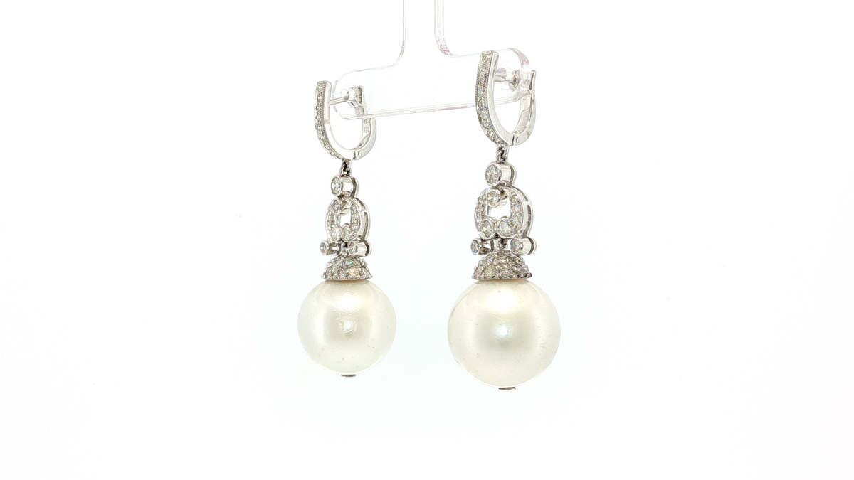 Classic Pearl and White Gold Vertical Drop Earrings