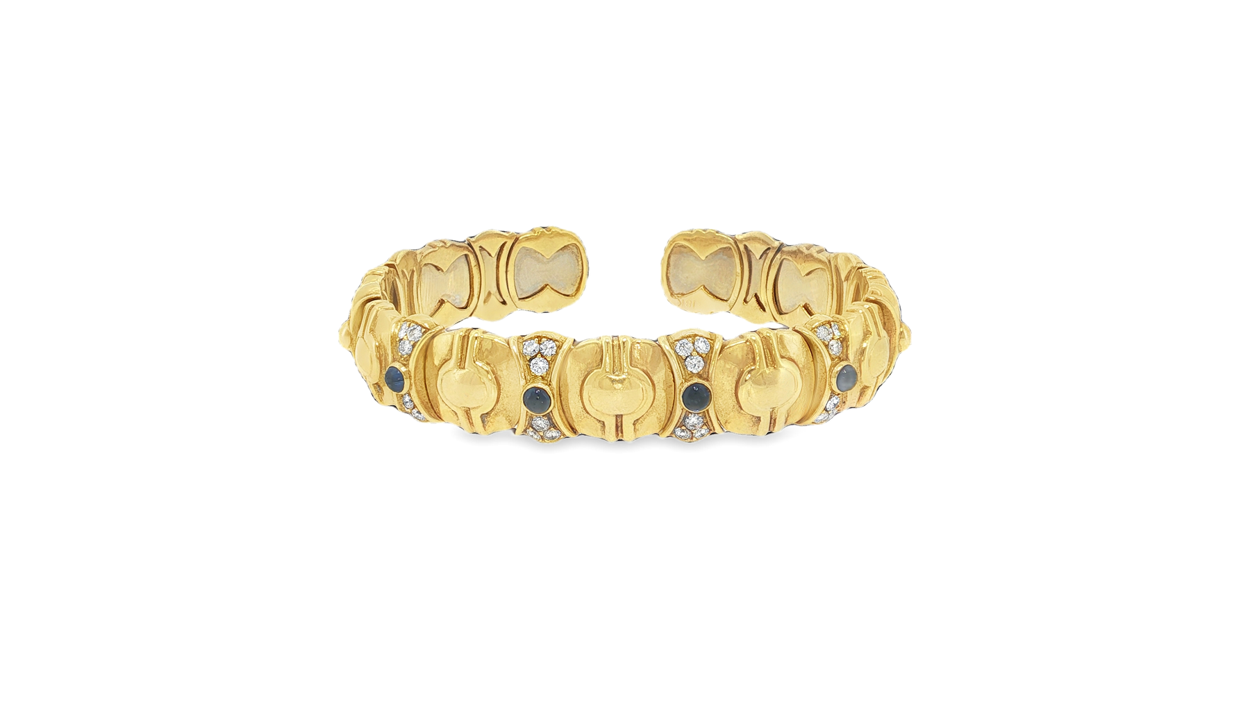 Engraved Yellow Gold Bangle with Brilliant Round Diamond and Blue Sapphire Cabochon