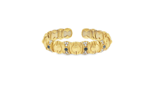 Engraved Yellow Gold Bangle with Brilliant Round Diamond and Blue Sapphire Cabochon