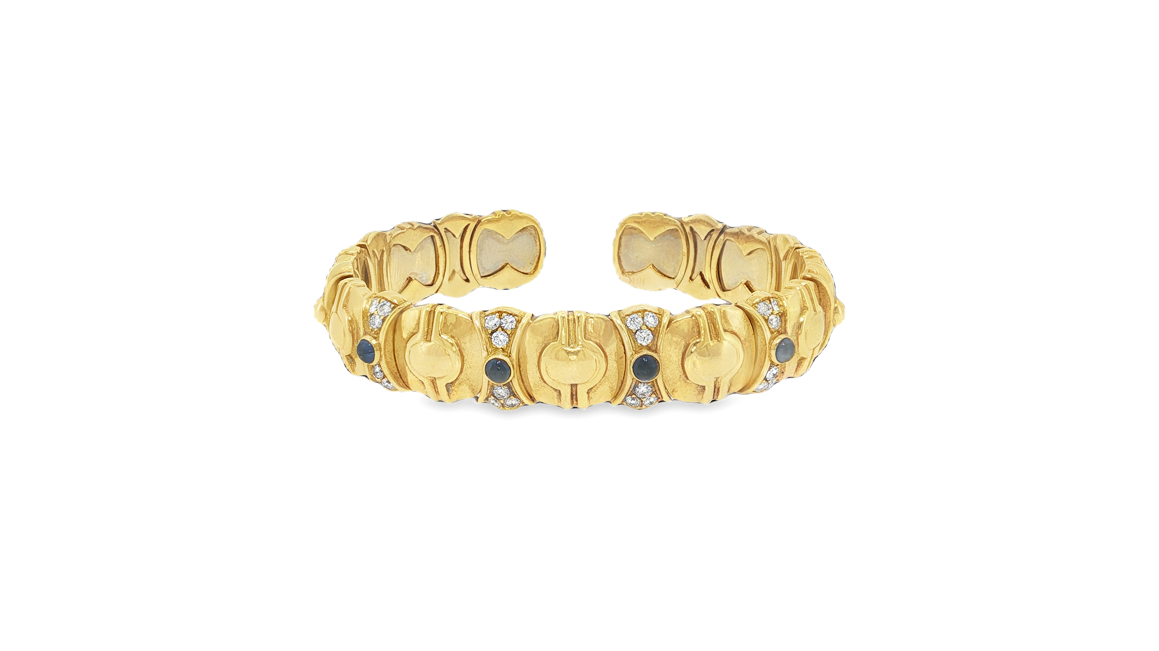Engraved Yellow Gold Bangle with Brilliant Round Diamond and Blue Sapphire Cabochon