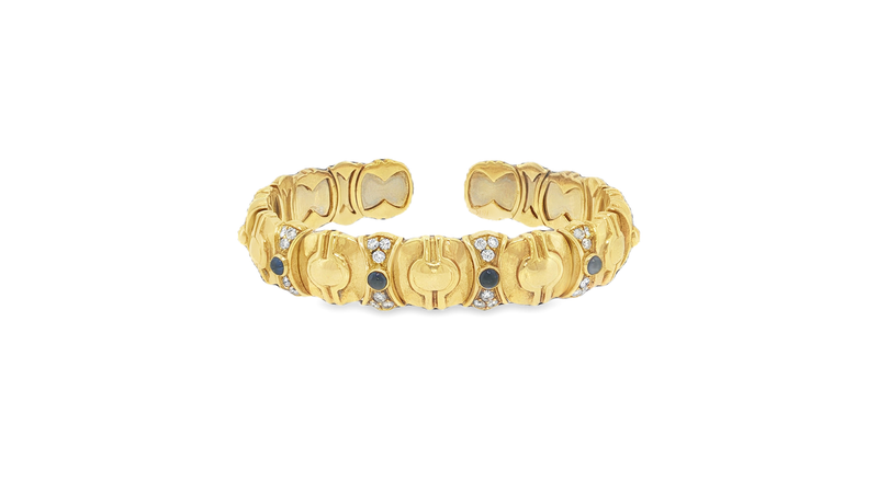Engraved Yellow Gold Bangle with Brilliant Round Diamond and Blue Sapphire Cabochon
