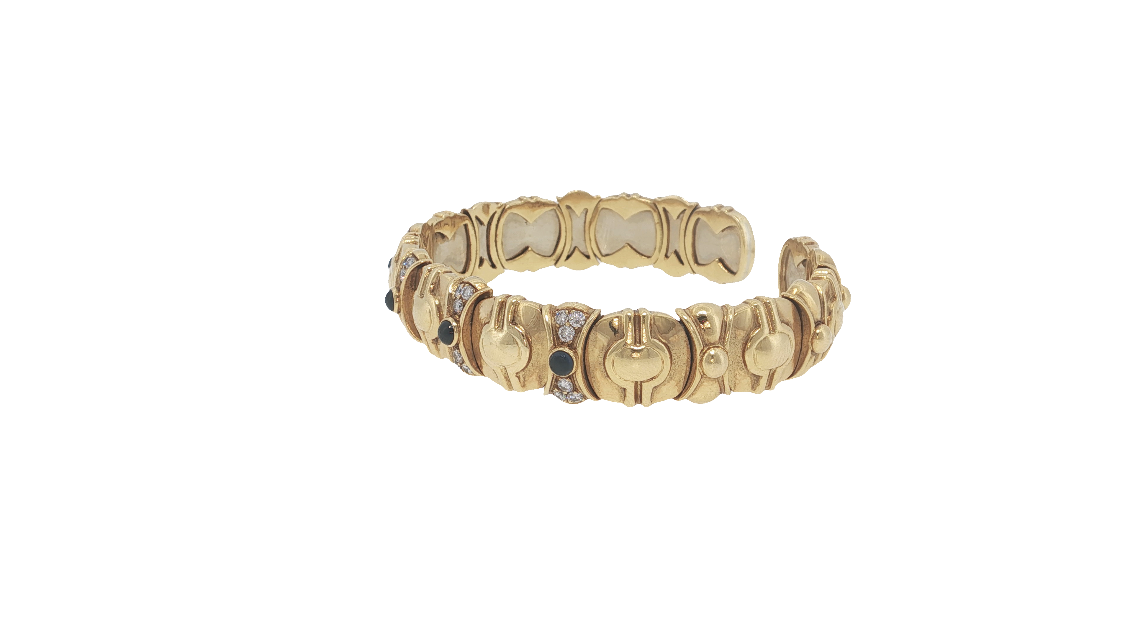 Engraved Yellow Gold Bangle with Brilliant Round Diamond and Blue Sapphire Cabochon