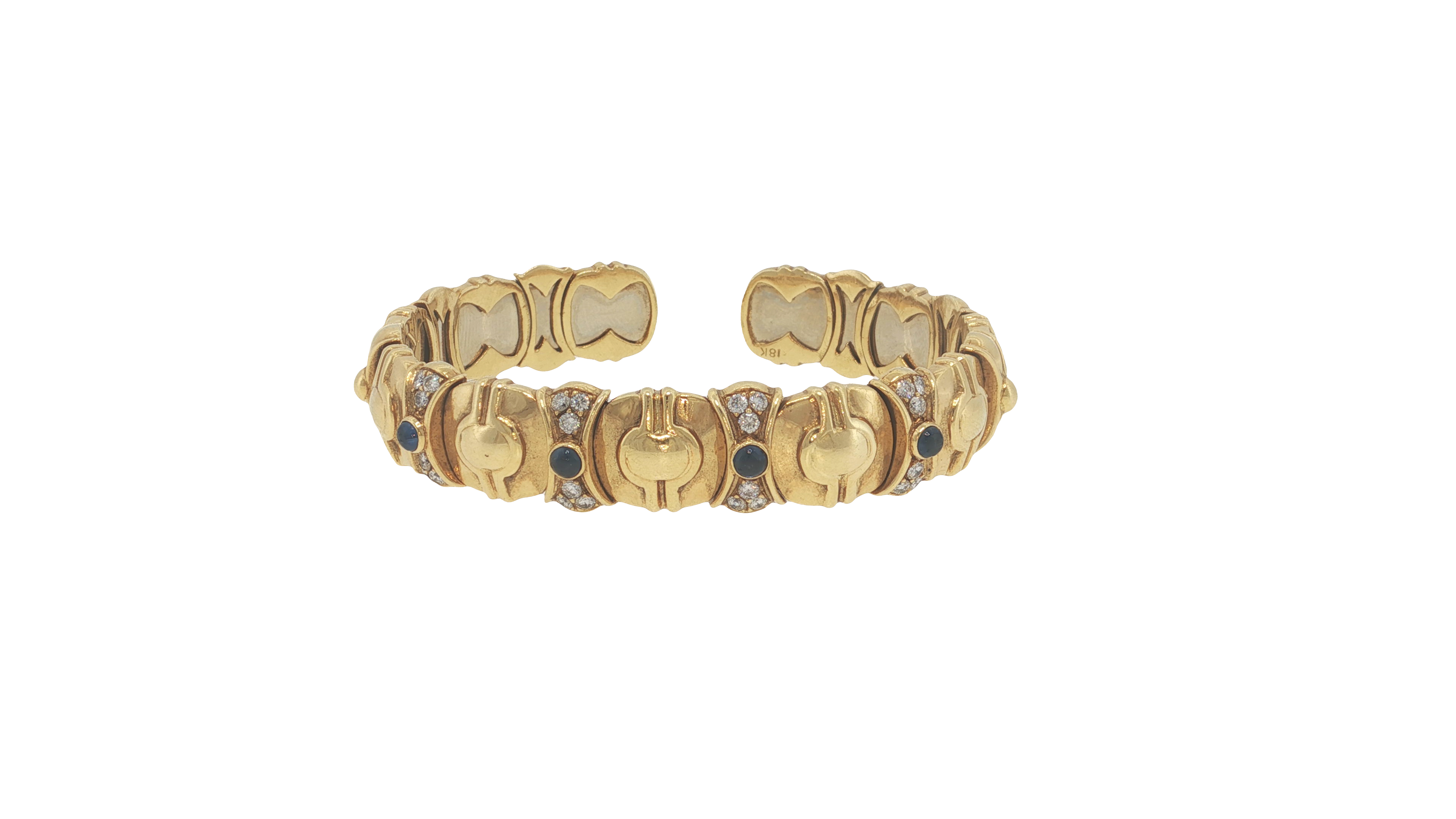Engraved Yellow Gold Bangle with Brilliant Round Diamond and Blue Sapphire Cabochon