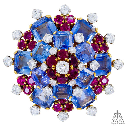 BULGARI Sapphire Ruby Diamond Retro Brooch