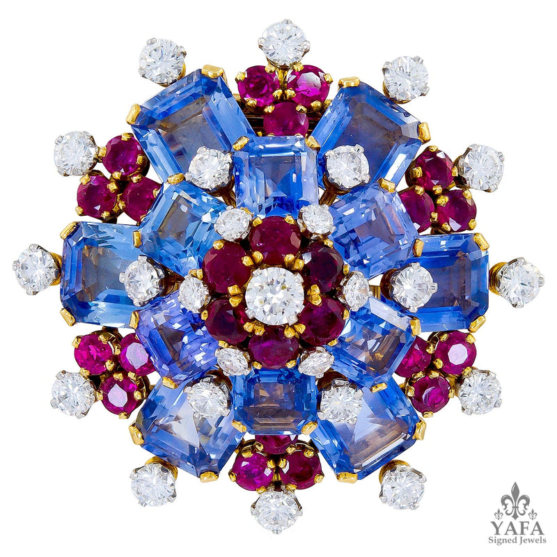 BULGARI Sapphire Ruby Diamond Retro Brooch