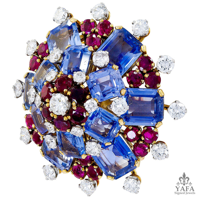 BULGARI Sapphire Ruby Diamond Retro Brooch