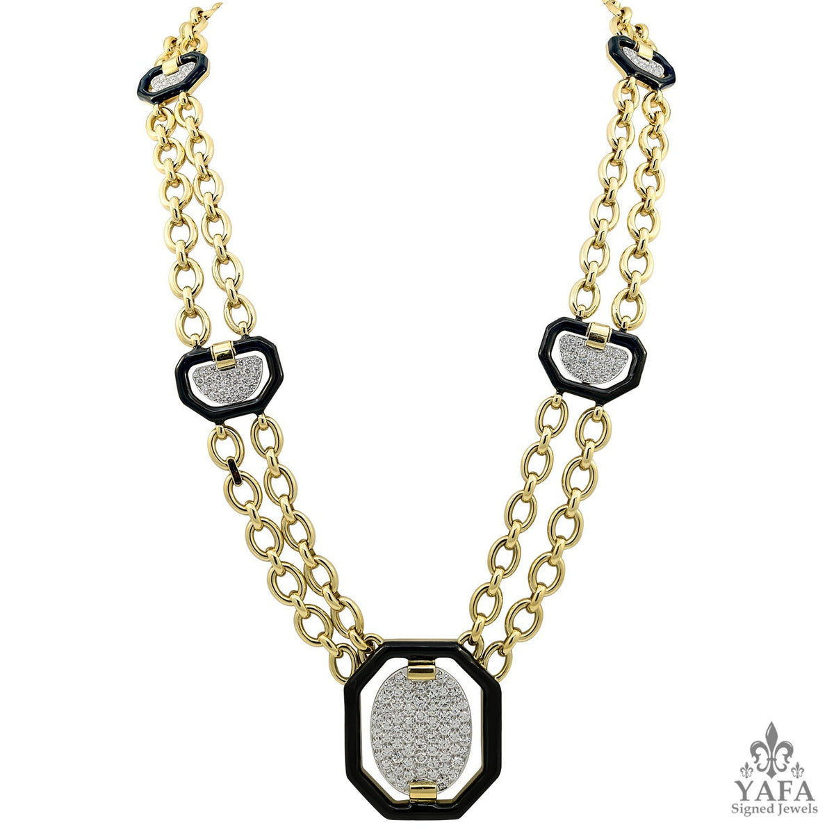 DAVID WEBB Diamond, Black Enamel Link Pendant Necklace