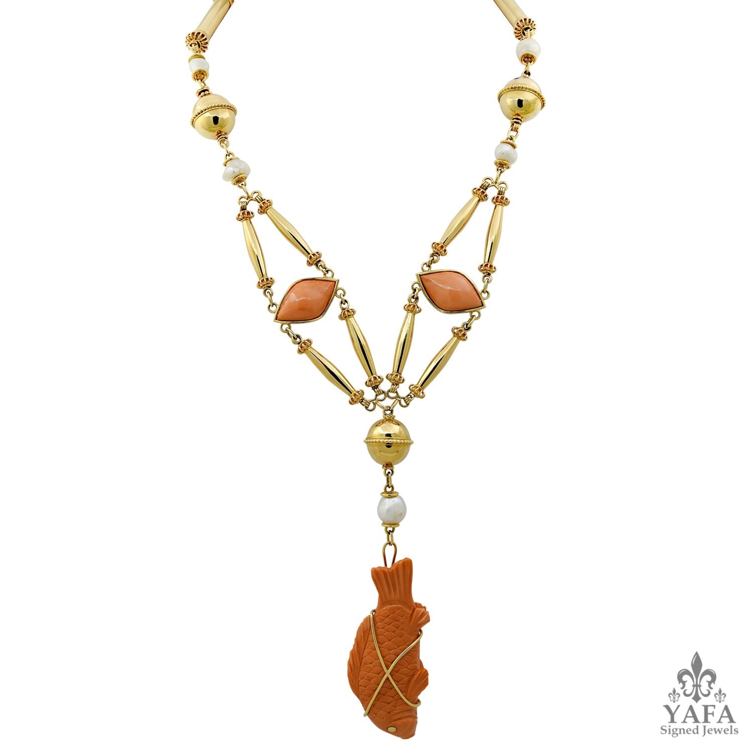 CARTIER Cabochon Carved Coral Fish Necklace