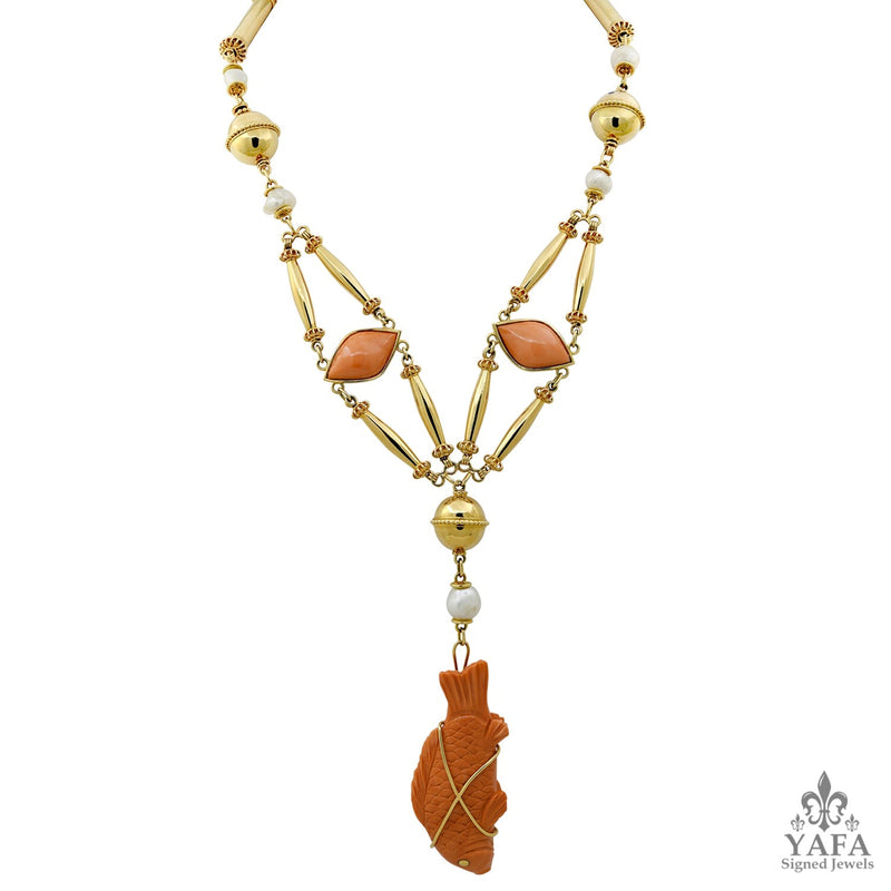 CARTIER Cabochon Carved Coral Fish Necklace