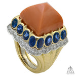 DAVID WEBB Sugar Loaf Coral, Sapphire, Diamond Ring