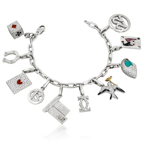 CARTIER 18K White Gold, Diamond, Turquoise, Ruby and Enamel 10-Charm Bracelet