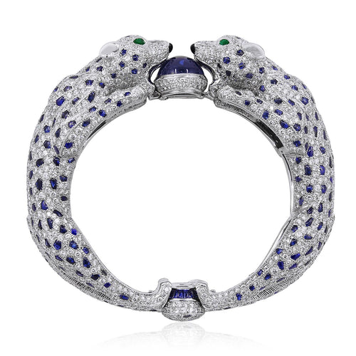CARTIER Platinum, Diamond and Sapphire Two Panther Head Bangle