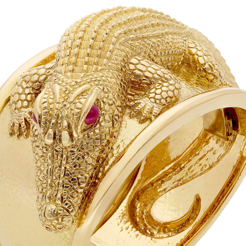 DAVID WEBB Repoussé Alligator Cuff Bracelet with Cabochon Ruby Eyes