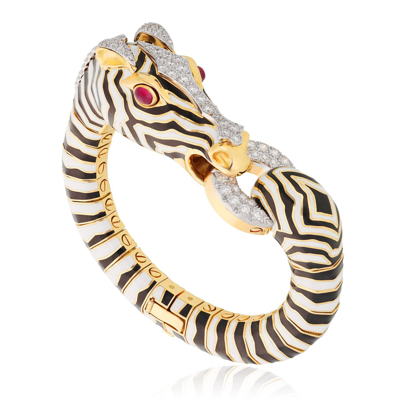 DAVID WEBB Diamond, Cabochon Ruby, and Black & White Enamel Zebra Bracelet