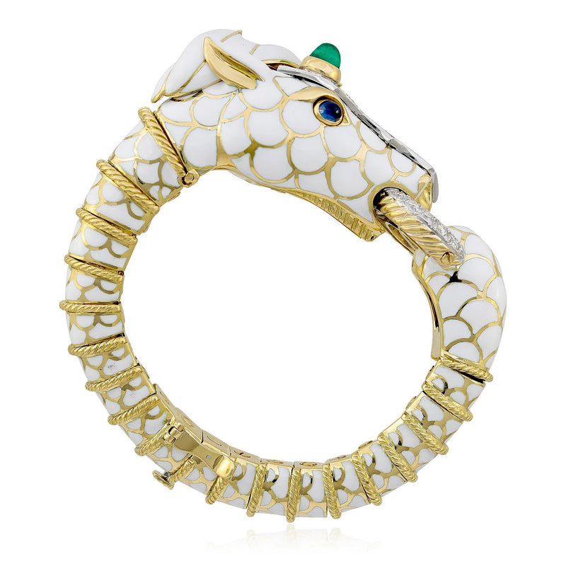 DAVID WEBB Enamel, Cabochon Emerald, Sapphire and Diamond “Unicorn” Bracelet