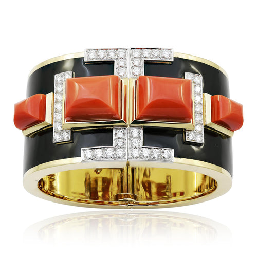 DAVID WEBB Black Enamel, Diamond and Sugarloaf Coral Bangle