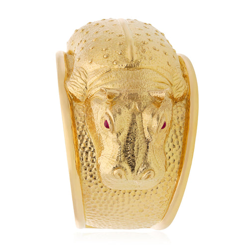 DAVID WEBB Repoussé Hippopotamus Cuff Bracelet with Cabochon Ruby Eyes
