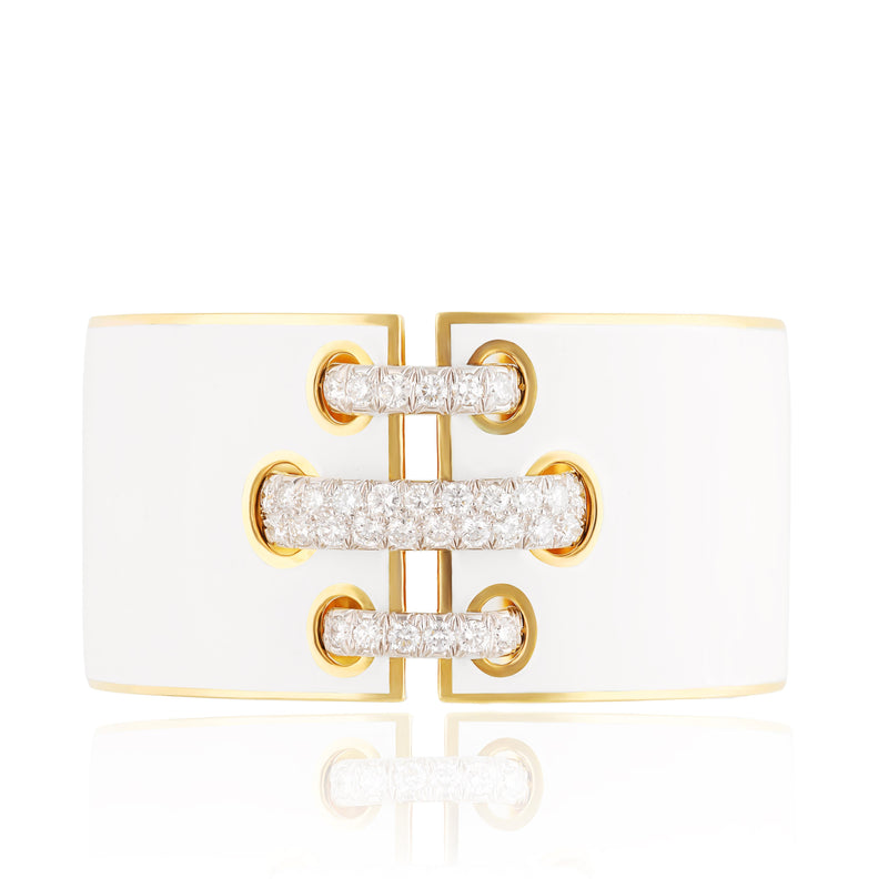 DAVID WEBB White Enamel and Diamond “Shoelace” Cuff Bracelet