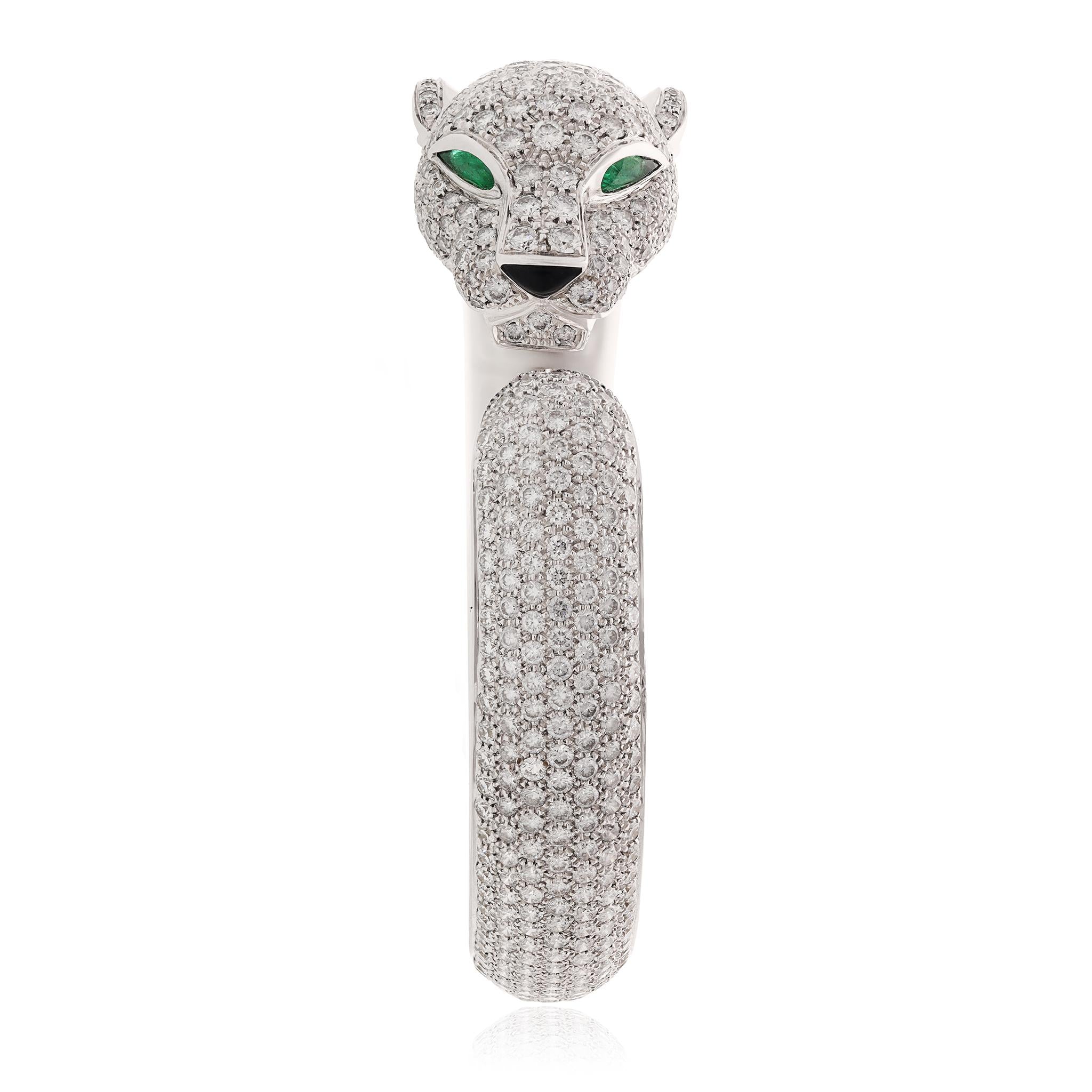 CARTIER 18K White Gold Diamond, Emerald, and Onyx Panther Bracelet