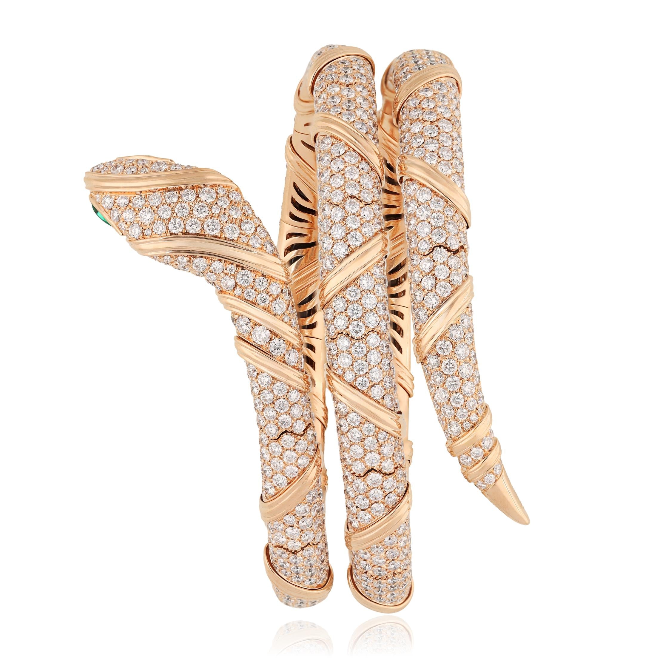 BULGARI 18K Rose Gold, Diamond and Emerald Serpenti Viper Bracelet