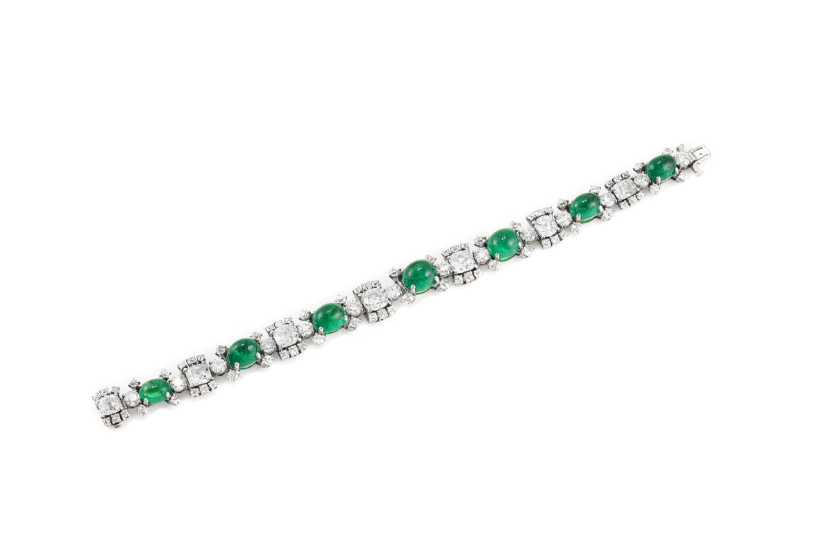 Vintage 1970s Raymond Yard Cabochon Emeralds and Diamonds Bracelet