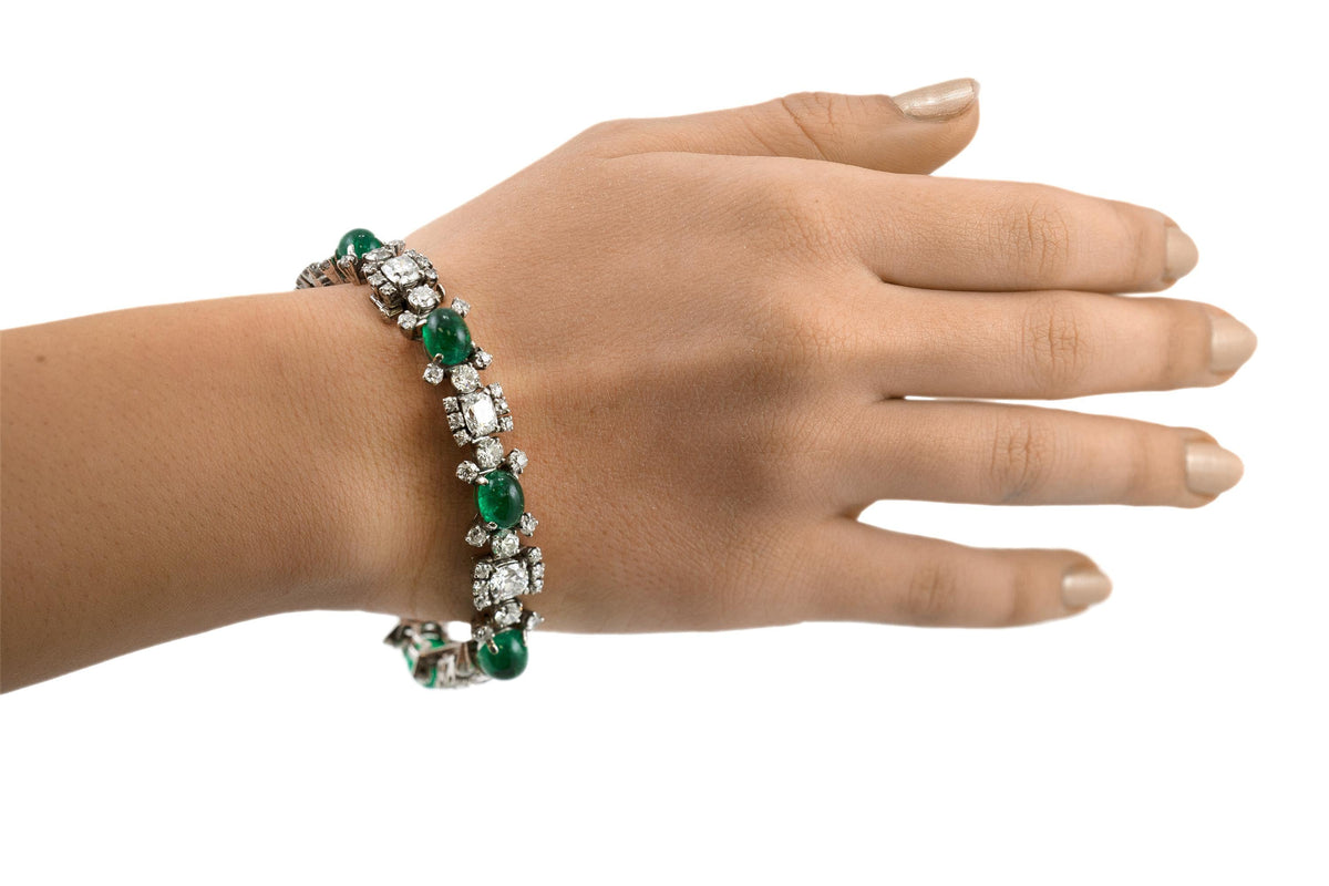 Vintage 1970s Raymond Yard Cabochon Emeralds and Diamonds Bracelet