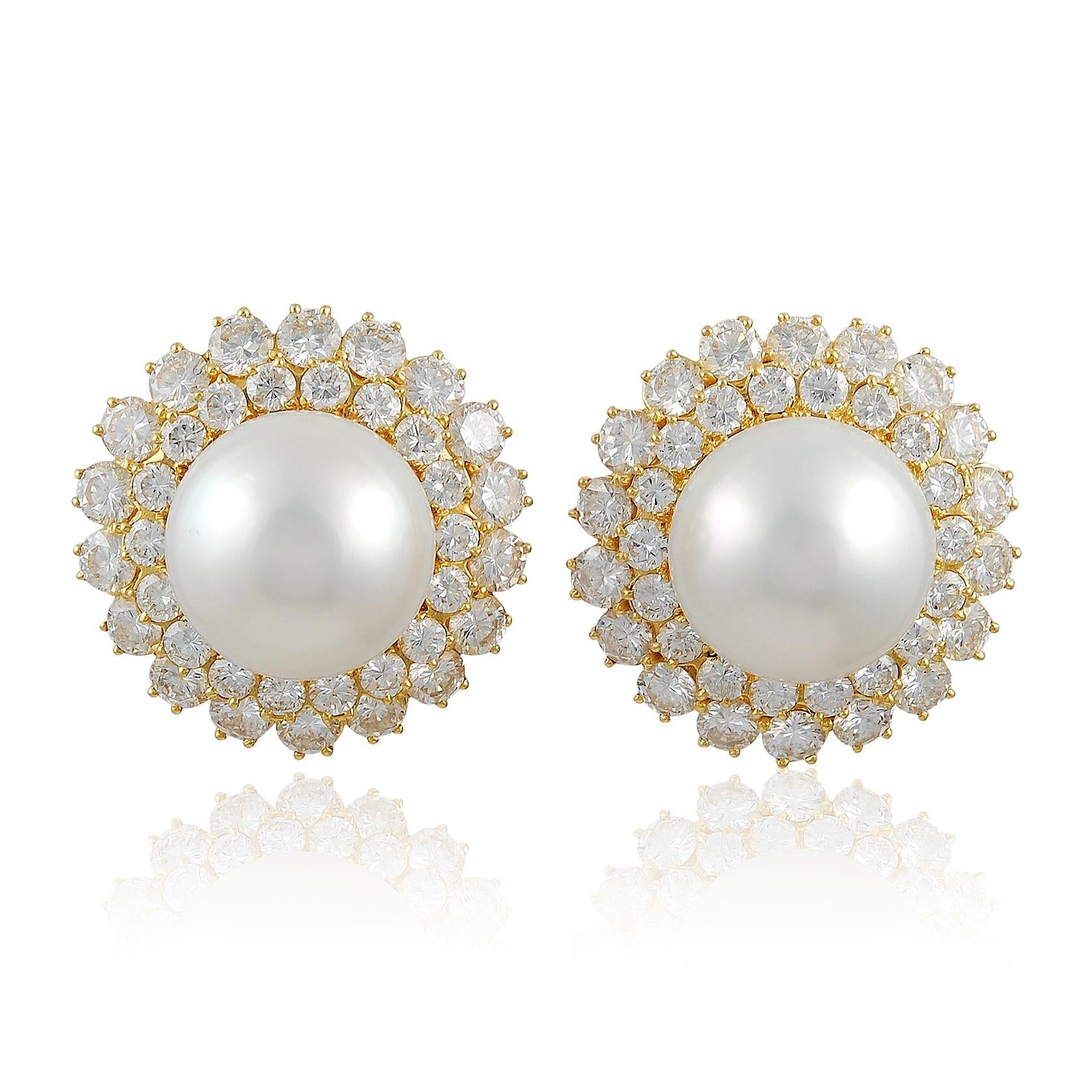 VAN CLEEF & ARPELS Cultured Button-Shaped Pearl and Diamond Ear Clips