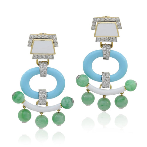 DAVID WEBB Jade Bead, Turquoise, White Enamel, and Diamond “Pagoda” Ear Clips