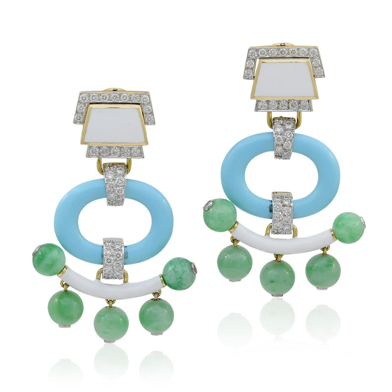 DAVID WEBB Jade Bead, Turquoise, White Enamel, and Diamond “Pagoda” Ear Clips