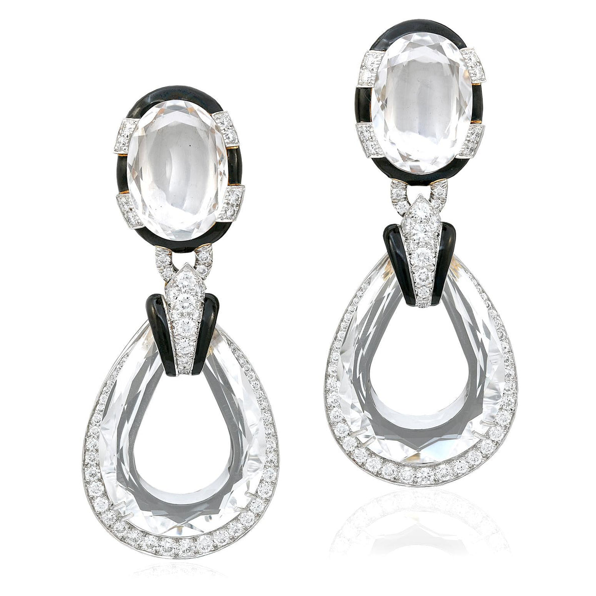 DAVID WEBB Faceted Rock Crystal, Black Enamel and Diamond “Midnight” Ear Clips