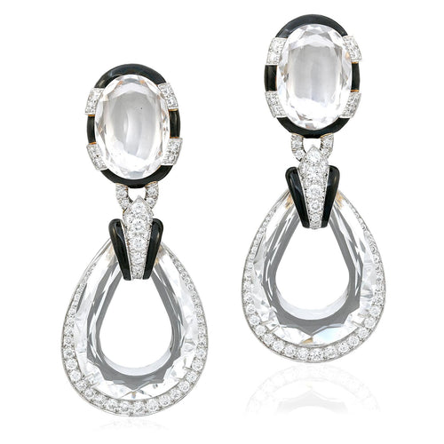 DAVID WEBB Faceted Rock Crystal, Black Enamel and Diamond “Midnight” Ear Clips