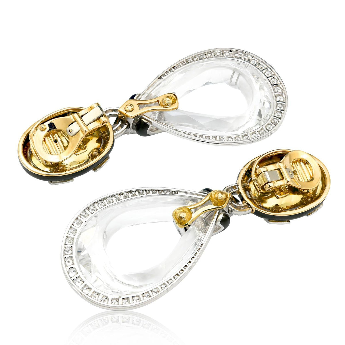 DAVID WEBB Faceted Rock Crystal, Black Enamel and Diamond “Midnight” Ear Clips