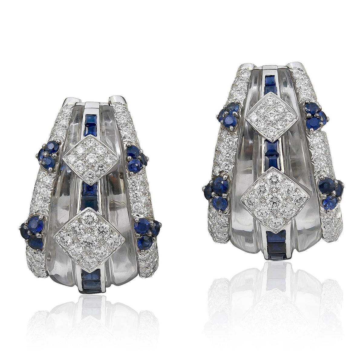 DAVID WEBB Carved Rock Crystal, Sapphire and Diamond Ear Clips