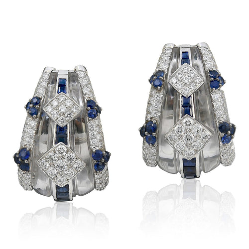 DAVID WEBB Carved Rock Crystal, Sapphire and Diamond Ear Clips